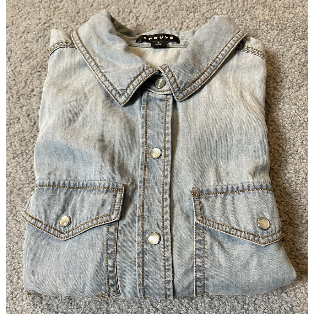Trouve Women's Western Button Shirt Sz S Blue Tencel Pearl Snap Pockets Cowgirl - Picture 13 of 13
